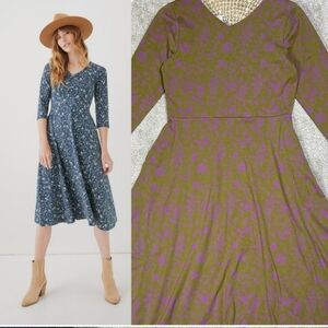 Pact Fit & Flare Midi Party Dress Olive Green Purple Floral LARGE Organic Cotton